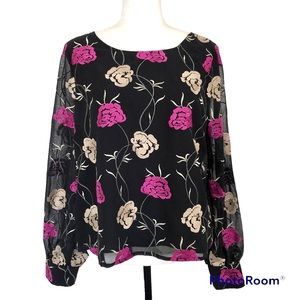 Cupcakes and Cashmere Metallic Floral Embroidered Sheer Top Blouse Womens